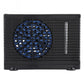 Front view of black 12V vehicle air cooler fan with blue internal fan blades