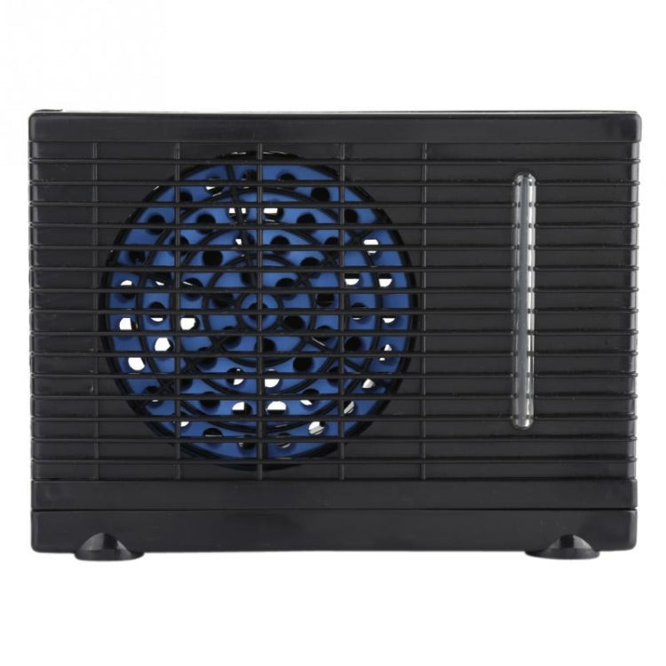 Front view of black 12V vehicle air cooler fan with blue internal fan blades