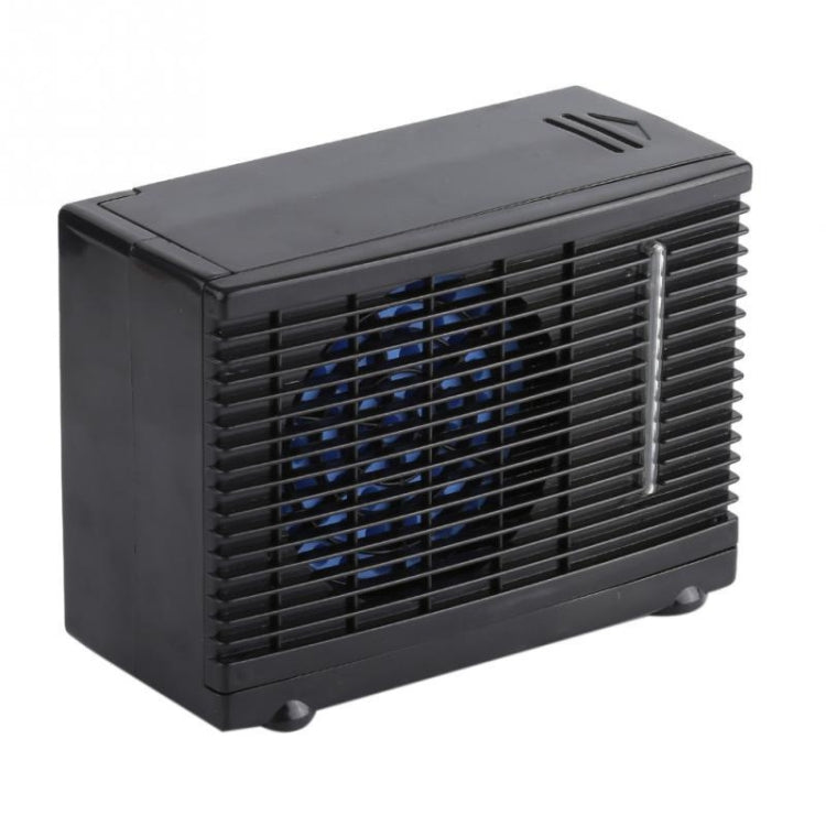 Side view of black 12V vehicle air cooler fan with vertical vent panel