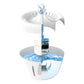 White electric pet water dispenser with water stream pouring into the drinking bowl