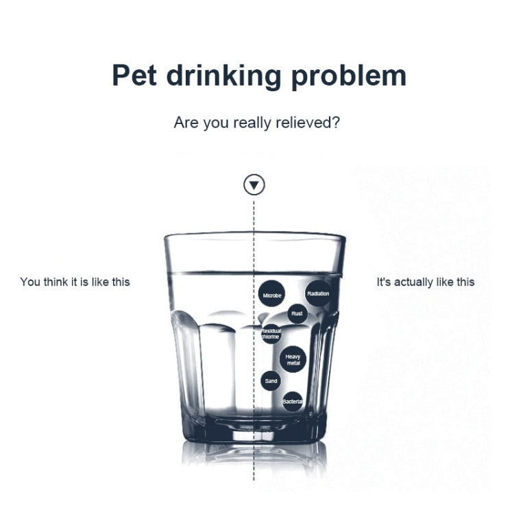 Pet water dispenser problem comparison diagram with a filled drinking cup illustration