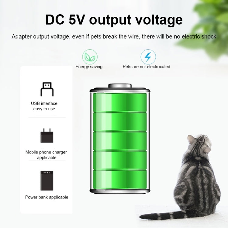 Pet water dispenser power and voltage illustration with a green battery-like cylinder and cat