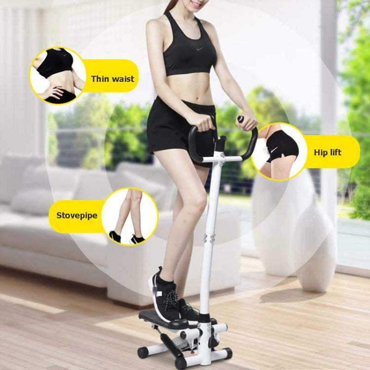 Hydraulic stepper with armrests shown in use with stable standing posture