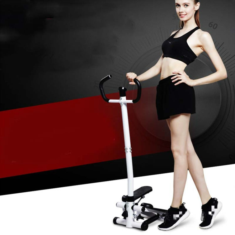 Hydraulic stepper with curved armrests and foot pedals shown in use