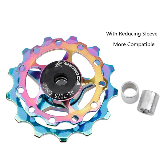 Rainbow electroplated 13T rear derailleur guide wheel with black center and spacer sleeve