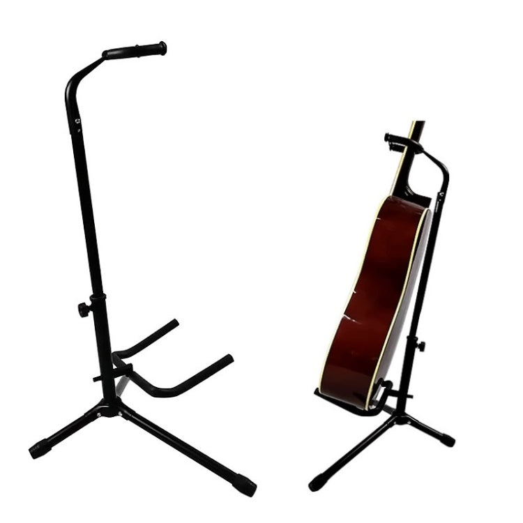 Foldable single vertical guitar stand with two adjustable cradle arms and wide base.