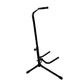 Single vertical guitar stand in black metal with angled neck rest and three-leg base.