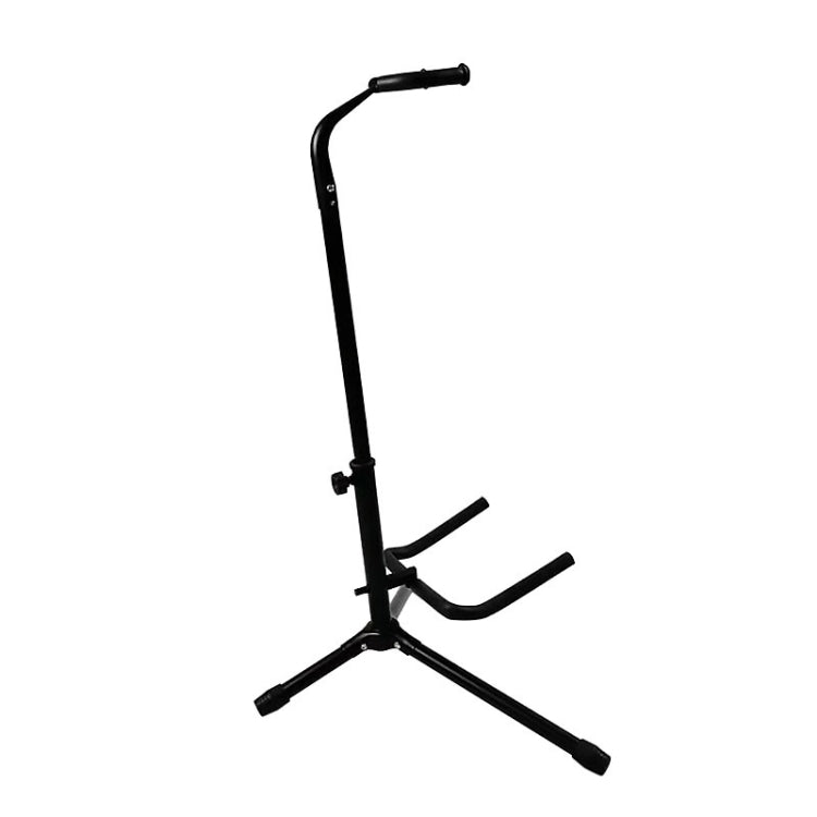 Single vertical guitar stand in black metal with angled neck rest and three-leg base.