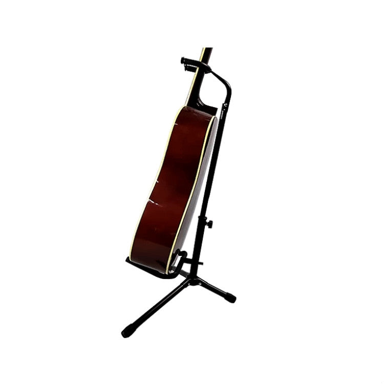 Single vertical guitar stand with padded neck support and side braces holding a guitar.