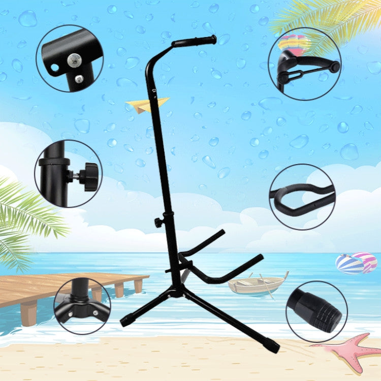 Foldable vertical guitar stand with upright post and adjustable cradle arms, stability view.