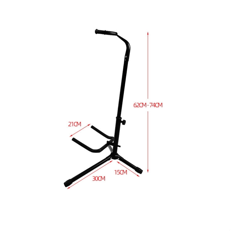 Foldable vertical guitar stand size diagram with labeled height and cradle arm lengths.