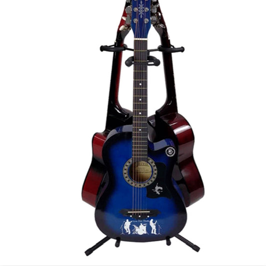 Three-head guitar tripod stand with blue acoustic guitar on the headrests