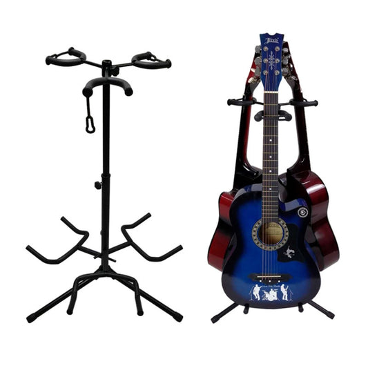 Three-head guitar tripod stand holding a blue and red acoustic guitar