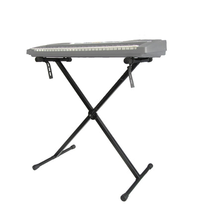 Black X-shaped organ stand with folding legs and rubber end caps