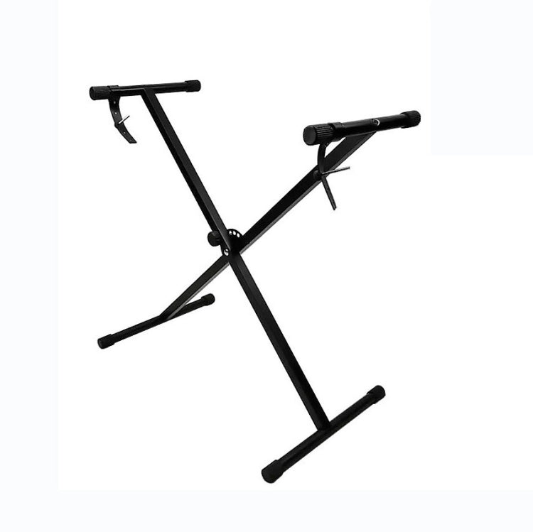 Black X-shaped organ stand with cross-braced legs and adjustable support bars