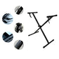 Black X-shaped organ stand with adjustable leg height and locking joints
