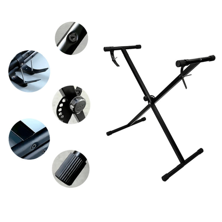 Black X-shaped organ stand with adjustable leg height and locking joints