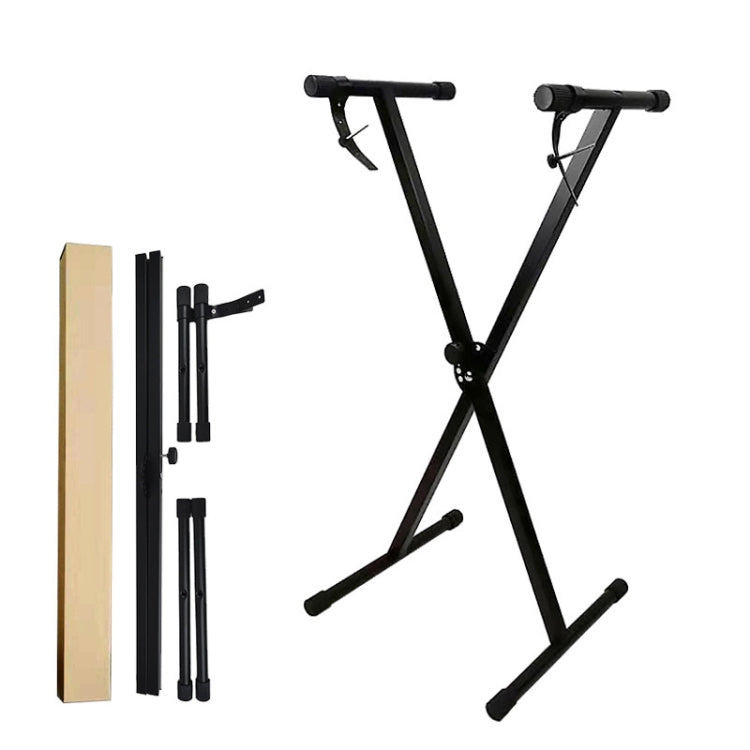 Black X-shaped organ stand with included accessory rails and mounting parts