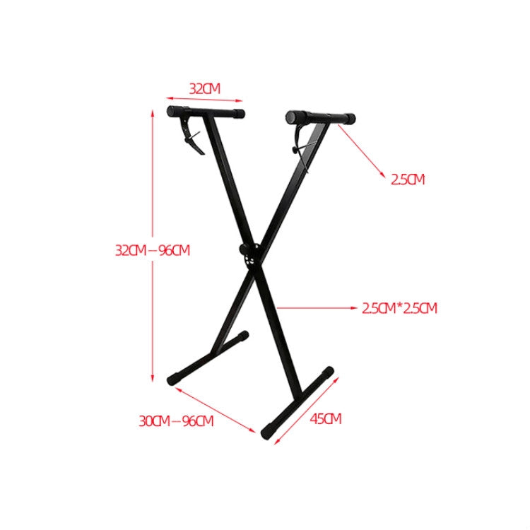 Black X-shaped organ stand with stable base legs and height adjustment
