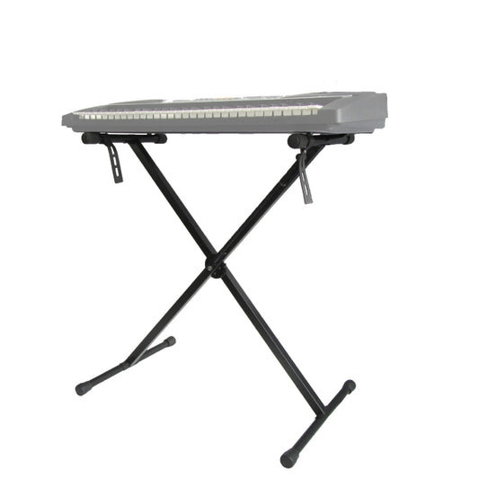 Black X-shaped organ stand with folding legs and rubber end caps