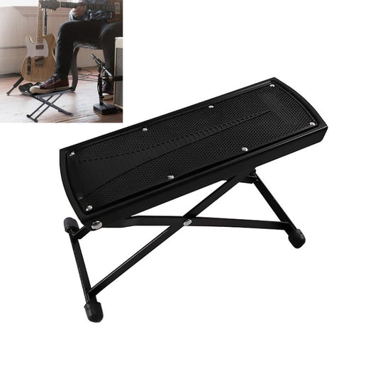 Adjustable guitar footrest with textured non-slip top and black legs, 6 settings