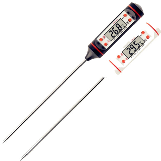 Digital food thermometer probe set showing two metal tips and LCD readout on black/orange handle.