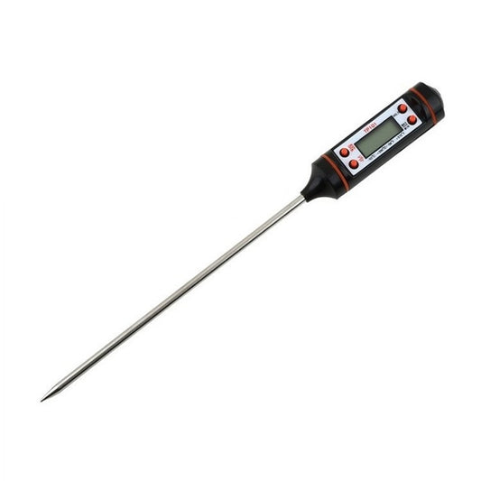 Electronic digital food thermometer probe with black-and-orange handle and long metal tip.
