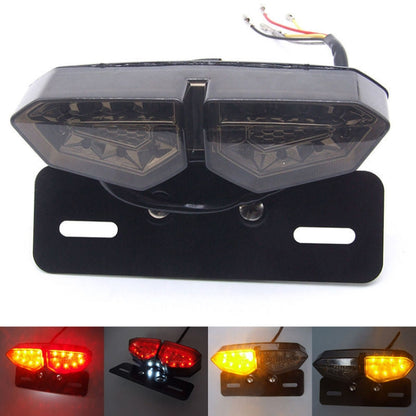 Motorcycle LED tail light with black housing and dual smoked lenses, rear mount plate