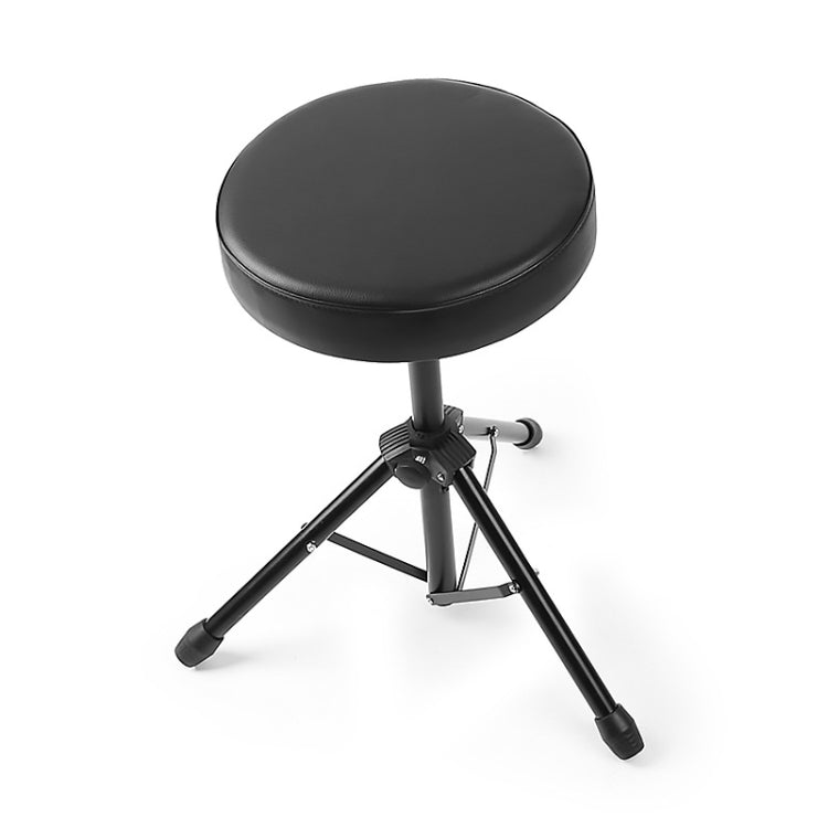 Round padded stool with black vinyl seat and adjustable height tripod legs