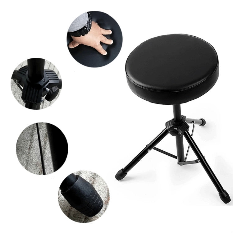 Music bench stool with padded round seat and height-adjustment lever details