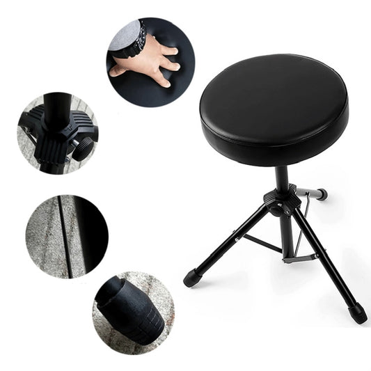 Music bench stool with padded round seat and height-adjustment lever details