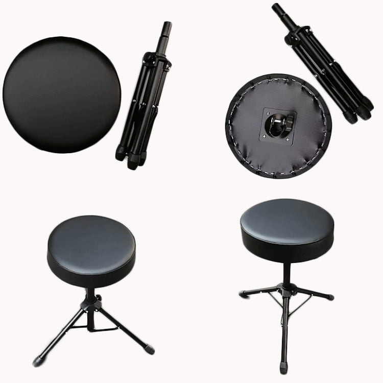Music bench stool with dark gray round padded seat and black tripod stand