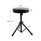 Lift round stool with shown size measurements, black padded seat and tripod base