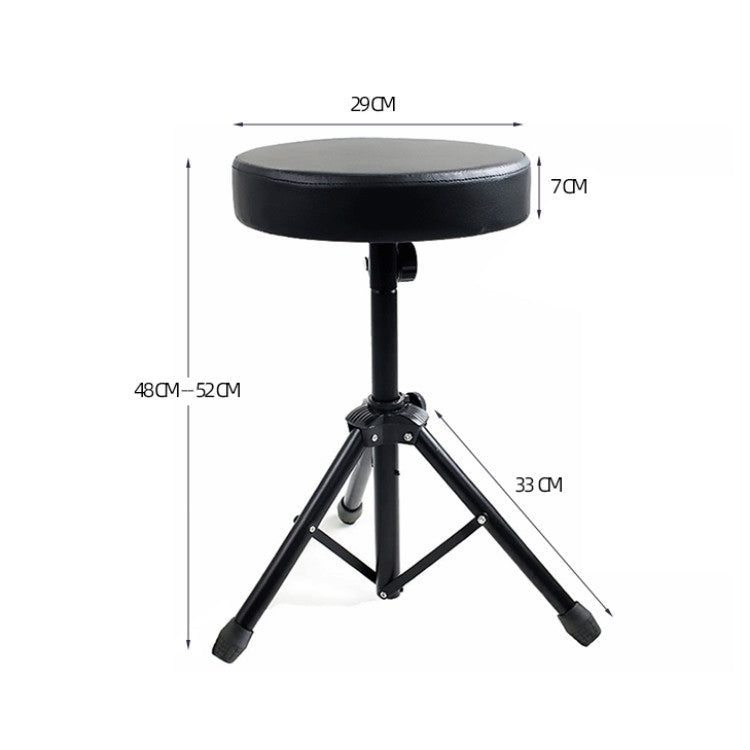 Lift round stool with shown size measurements, black padded seat and tripod base