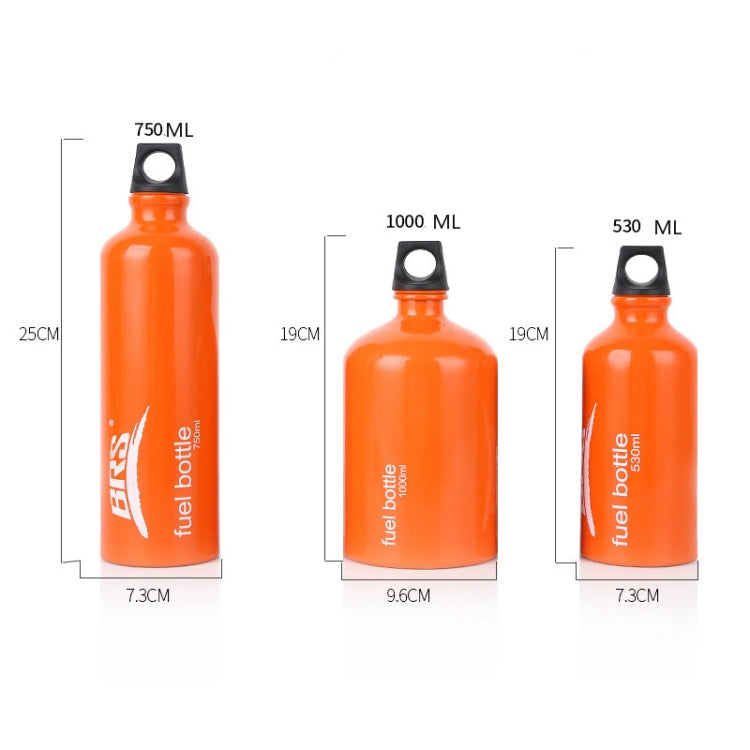 Orange fuel bottles set: 750 mL, 1000 mL, and 530 mL sizes with black caps.