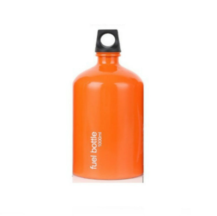 Orange portable fuel bottle with black cap and carry handle loop on white background.