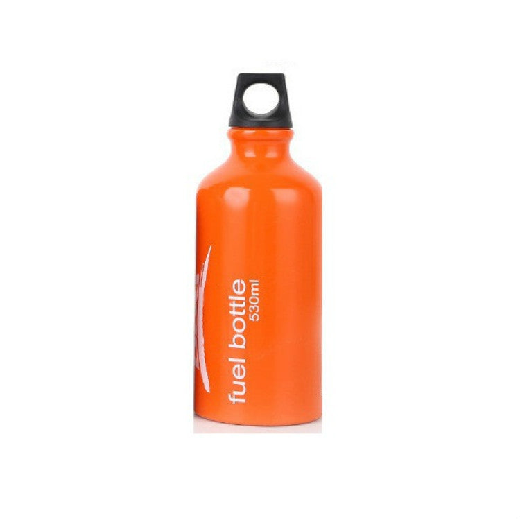 Orange portable fuel bottle with black cap and carry handle loop, front view.