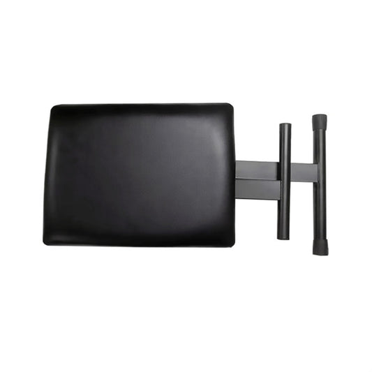 X-shaped liftable folding bench with black seat and compact folded metal base