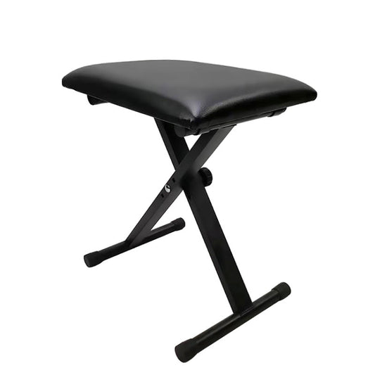 X-shaped liftable folding bench with black padded seat and black folding legs
