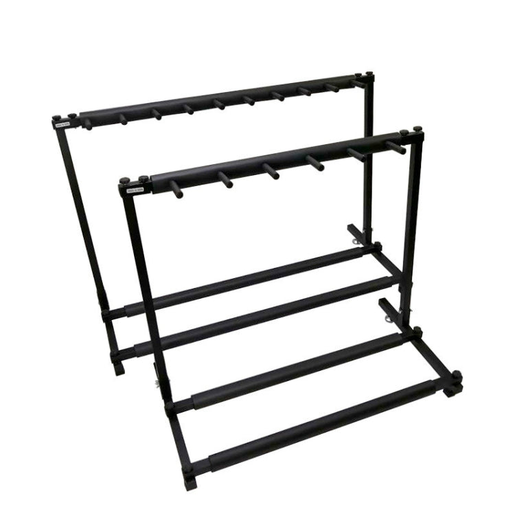 Foldable metal guitar display stand frame with two tiers of padded peg rails