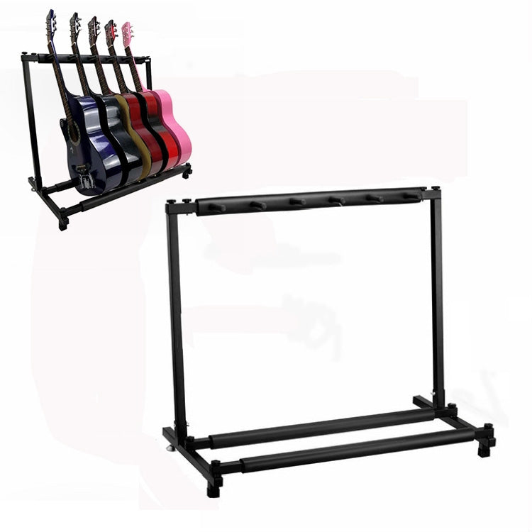 Foldable metal guitar display stand shelf with multiple racks holding guitars