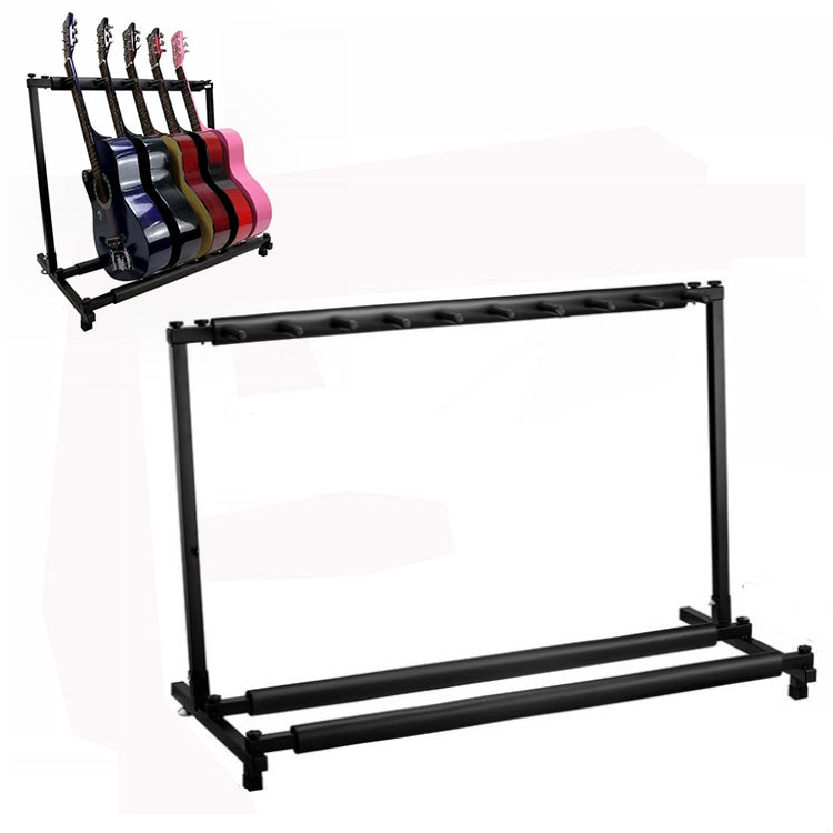 Foldable metal guitar display stand shelf with guitars on rack and long base