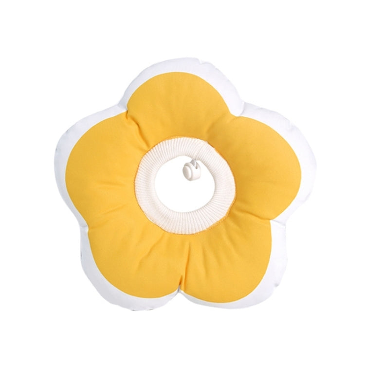 Yellow flower-shaped pet anti-licking collar with white trim and centered adjustable ring