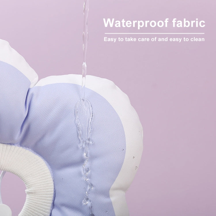 Blue pet anti-licking collar fabric with white inner rim and visible stitched seam