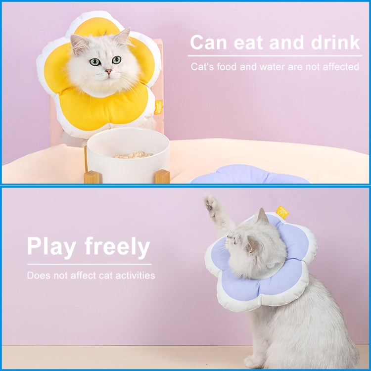Pet anti-licking flower collar with yellow plush petals, worn by a cat
