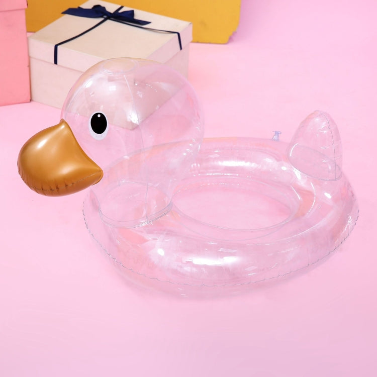 Transparent duck-shaped pool float with golden beak and wide circular tube