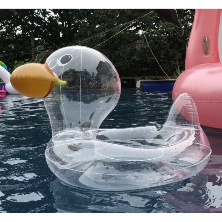 Duck-shaped transparent pool float with golden beak and clear circular ring