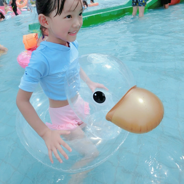 Transparent duck-shaped swimming ring with golden beak; child in pool holding ring