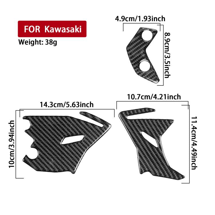 Motorcycle footrest decoration sticker set, black carbon-fiber pieces with measurement diagram