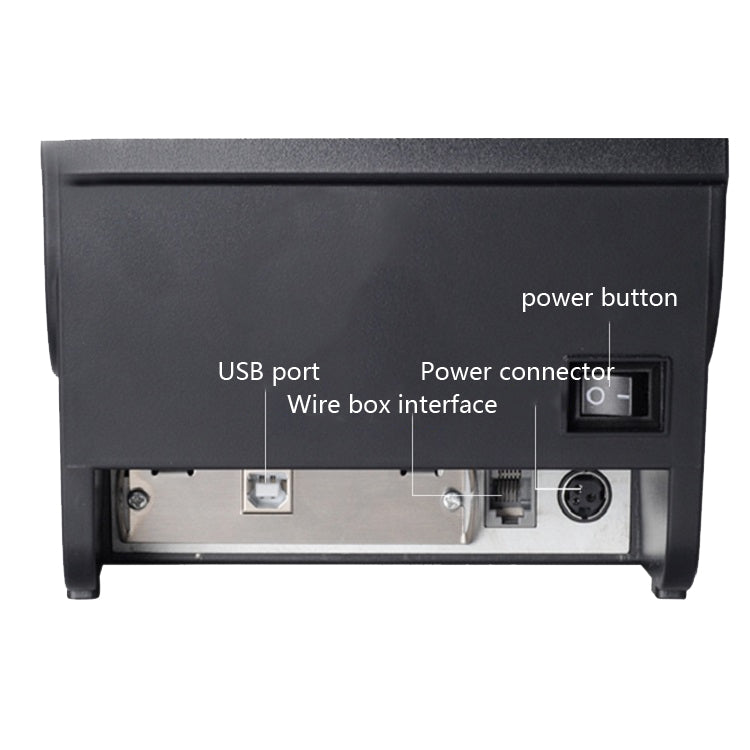 Dot matrix invoice printer rear panel with USB port, power connector, and power button